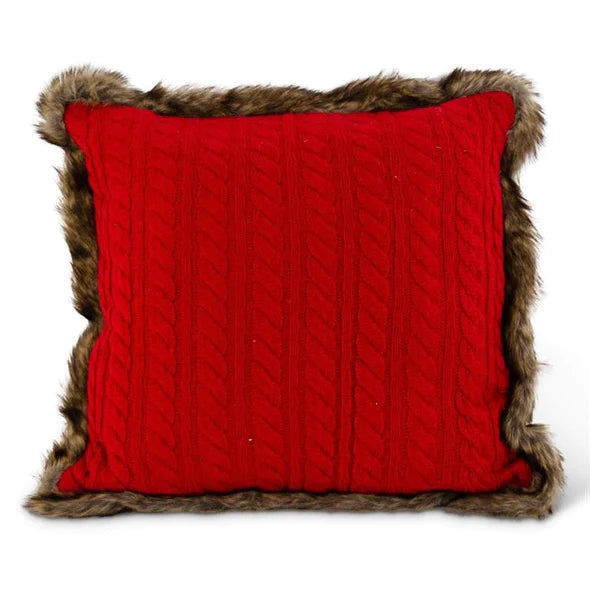 18" Red Cable Knit Square Pillow with Brown Fur Trim