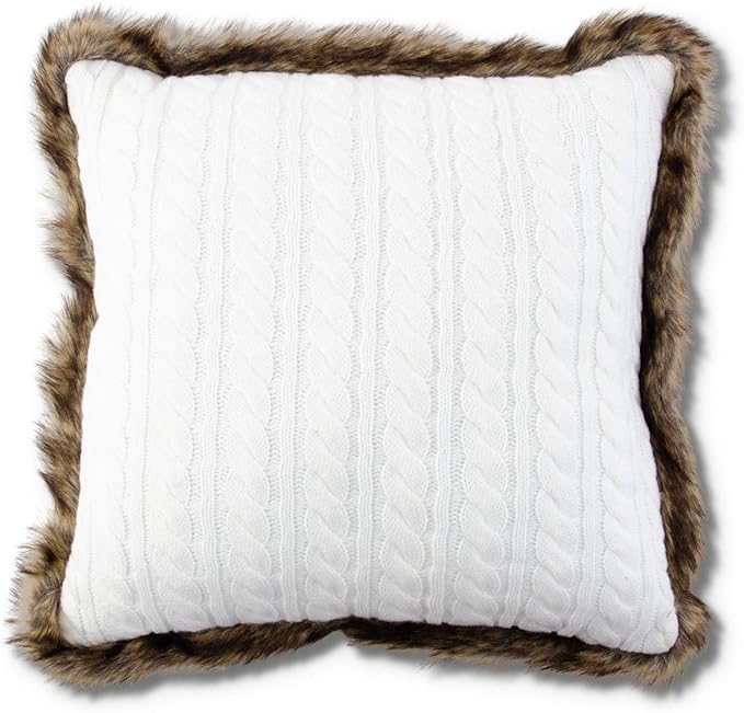 18" White Cable Knit Square Pillow with Brown Fur Trim