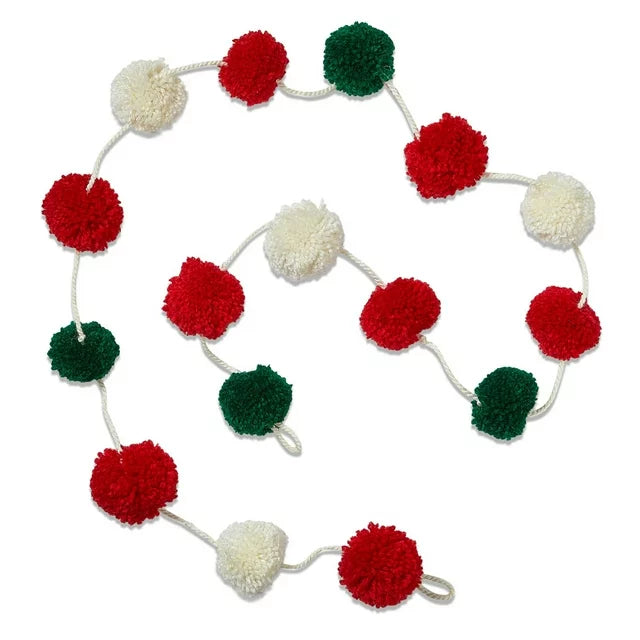 Red, White, Green Yarn Pom Pom Garland, Christmas