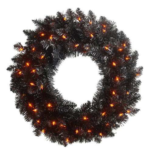 Black with Orange Lights Tinsel Halloween Wreath