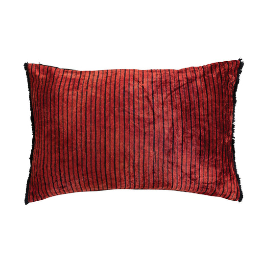 Cotton Velvet Blend Printed Striped Pillow, Rust Color & Black