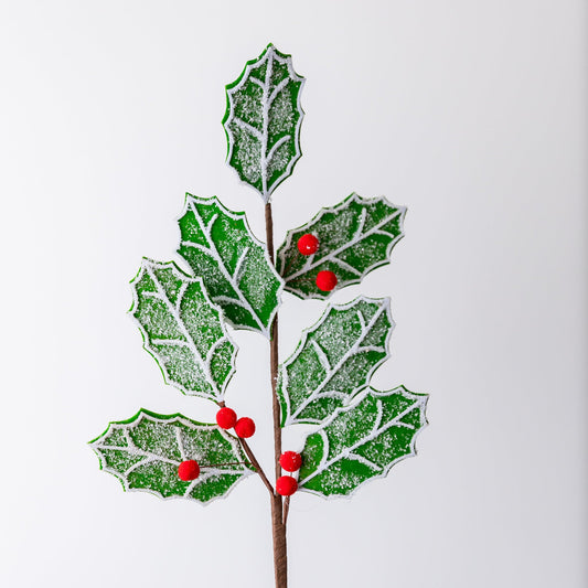 25" Frosted Green Red Holly Spray