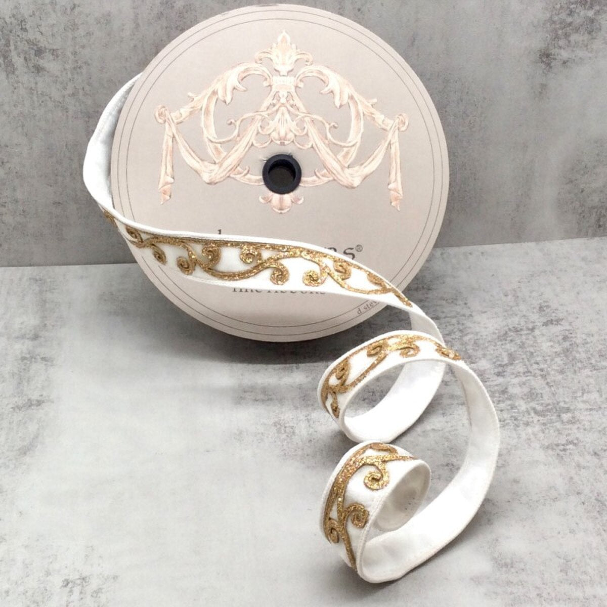 1"X10 Yard, Glitter Winter White Scroll Trim Velvet Ribbon