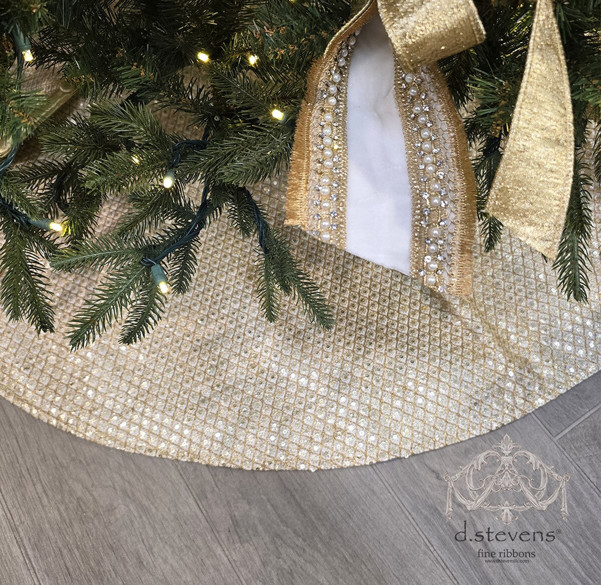 72" Gold & Winter White Dupion Sequined Tree Skirt with Bullion Detail