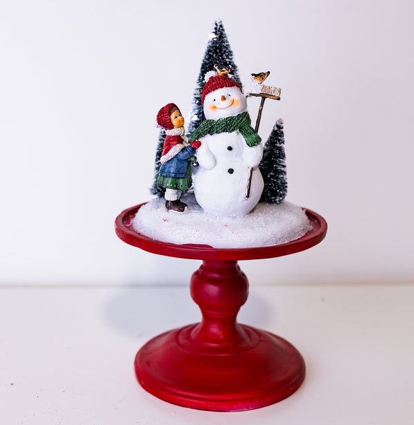 Snowman w/cloche 12" Red Lit