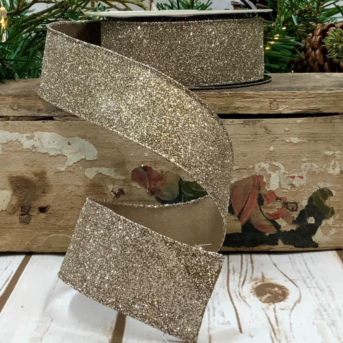 9"X10 Yard, Glitter Platinum Vintage Ribbon