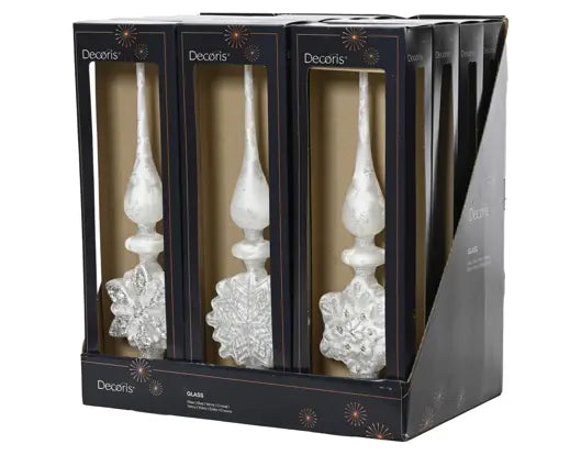 14" White Treetop Finial/Snowflake Glass, Assorted