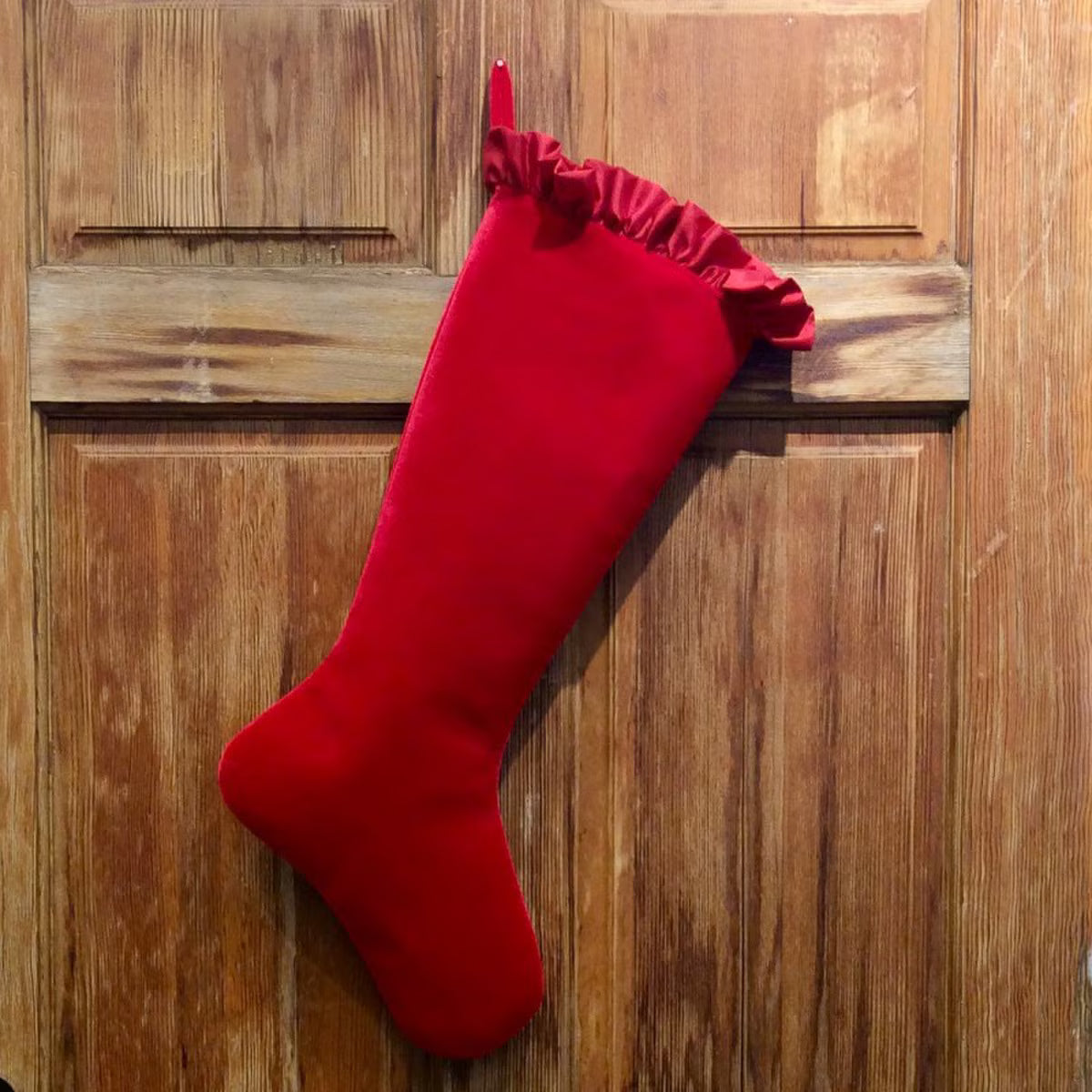 25" Hot Red Taffeta Ruffle Velvet Stocking