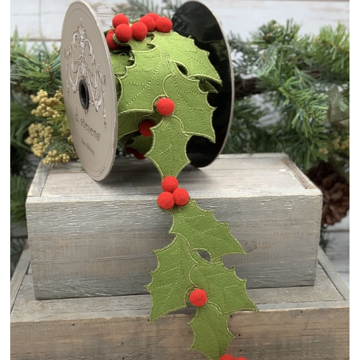 4"X5 Yard, Red & Green Holly with Berries Ribbon