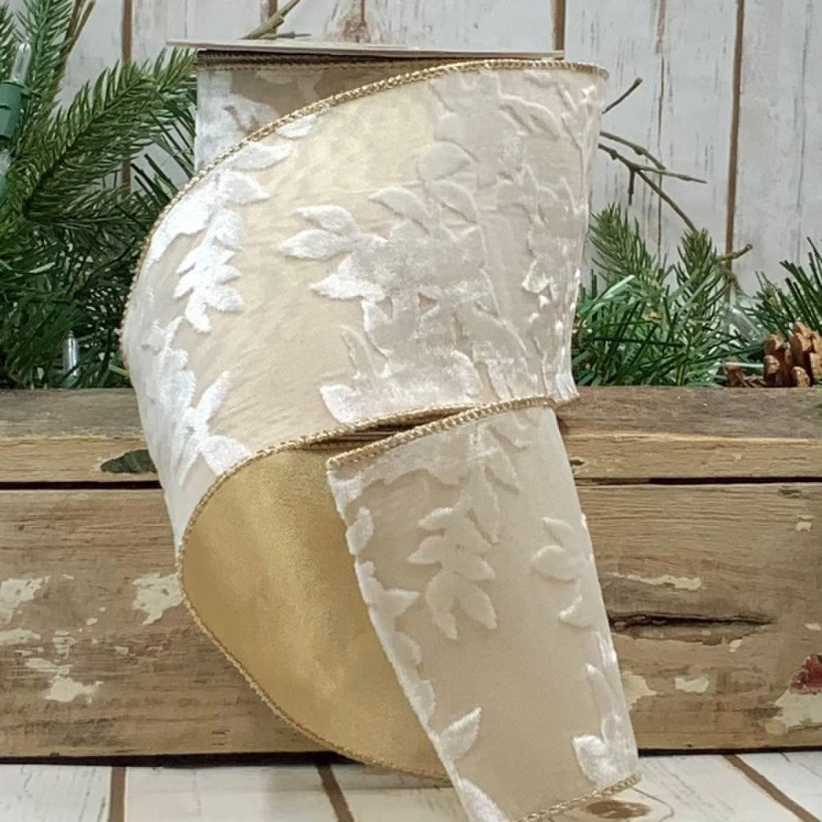 4"X10 Yard, Gold Floral Garden Velvet Ribbon