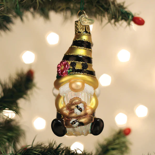 Bee Happy Gnome Glass Ornament