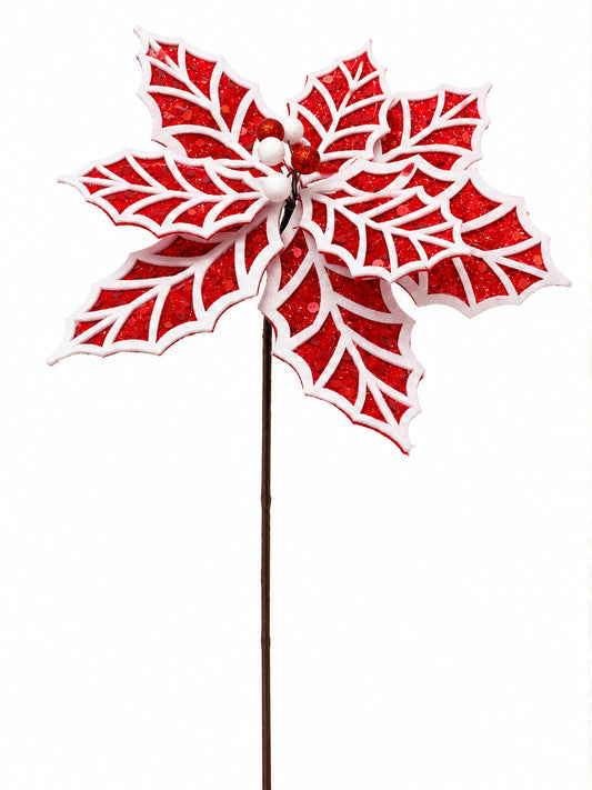 19" Red/White Poinsettia Pick