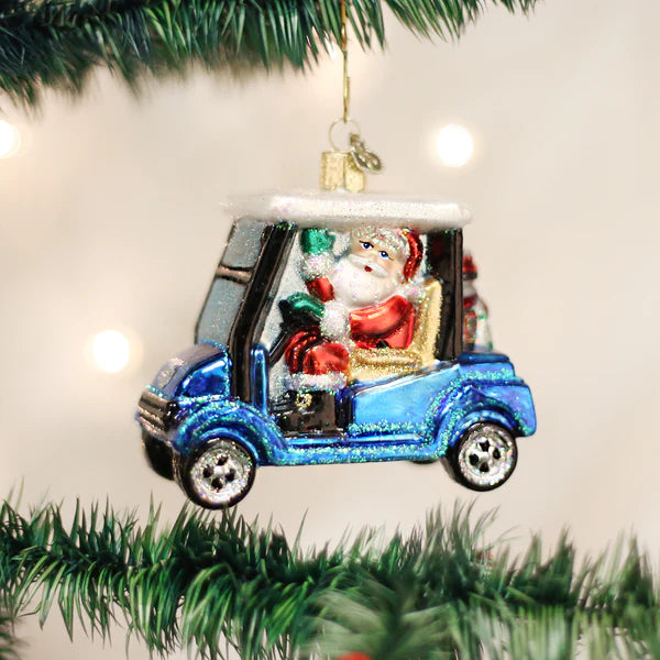 Golf Cart Santa Glass Ornament