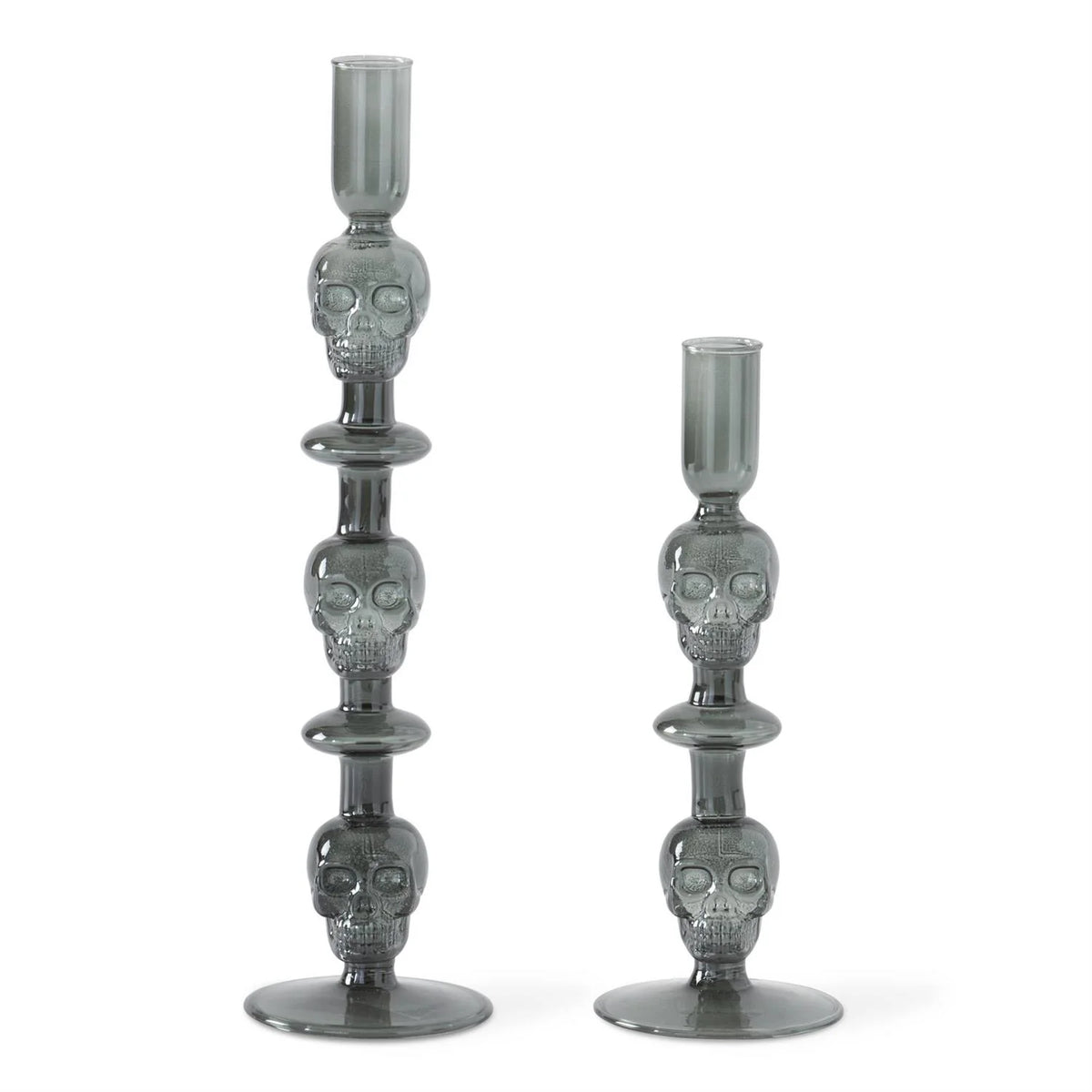 Grey Glass Skull Taper Candle Holder Set of 2