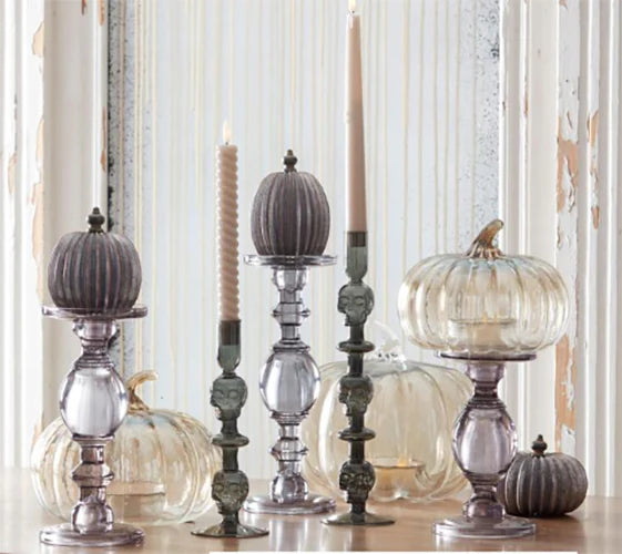 Grey Glass Skull Taper Candle Holder Set of 2