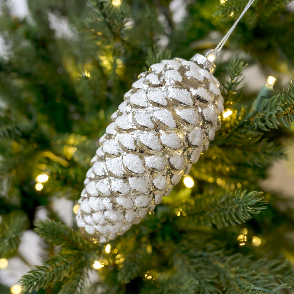 6" Silver Glitter Pinecone Glass Ornament