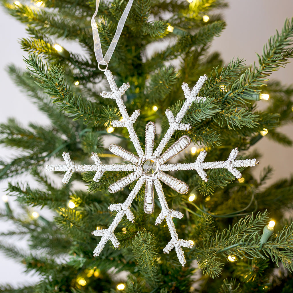 Snowflake Beaded White Glass Ornament