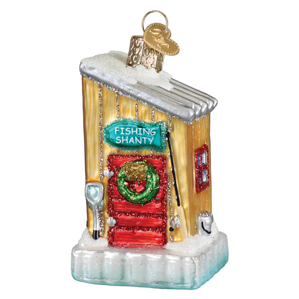Old World Christmas Blown Glass Ornament Ice Fishing Shanty