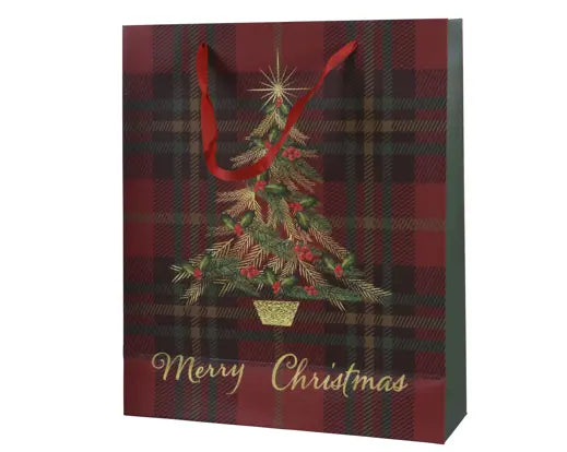 12" Red Merry Christmas Tree Plaid Paper Giftbag