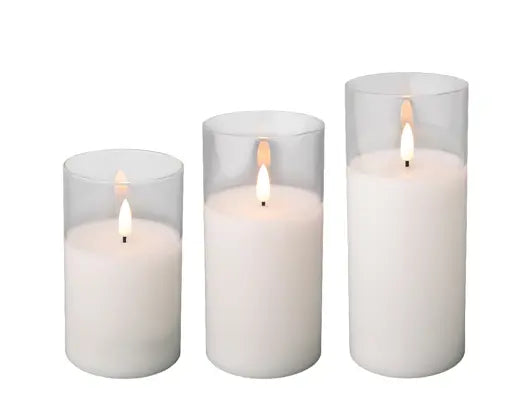 7" Clear/White Glass Pillar Candle Set of 3