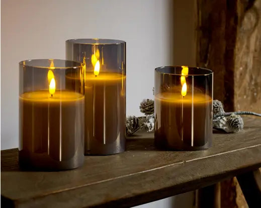 7"  Clear/Grey Candles Pillar Glass, Set of 3