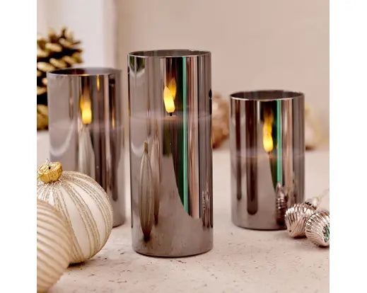 7"  Clear/Grey Candles Pillar Glass, Set of 3
