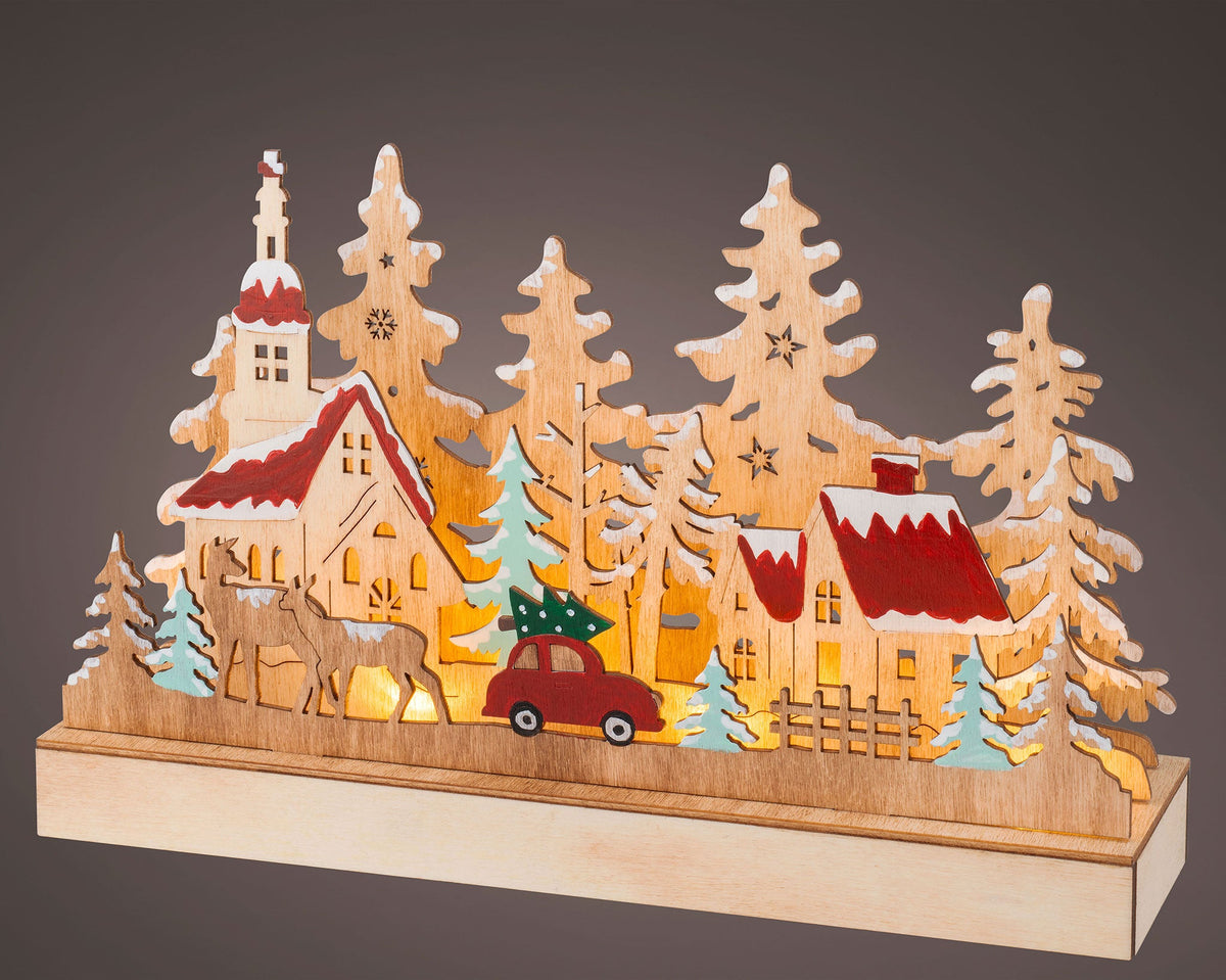 12" Wooden Village Christmas Centerpiece with Lights