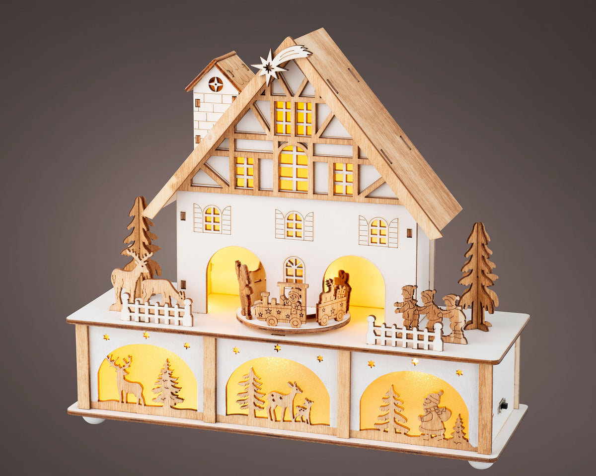 11" Natural Wooden Christmas House with LED lights