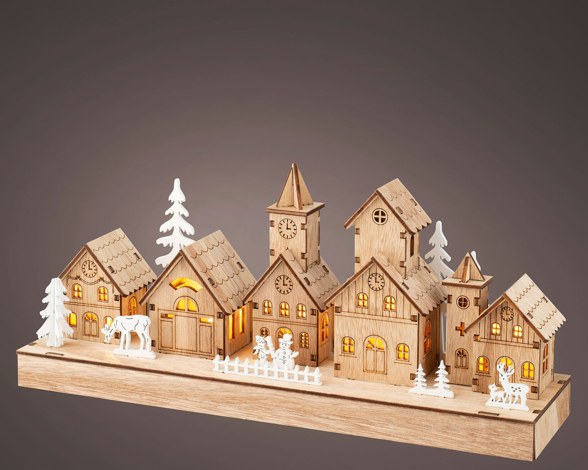 12" Natural Wooden Village Scene