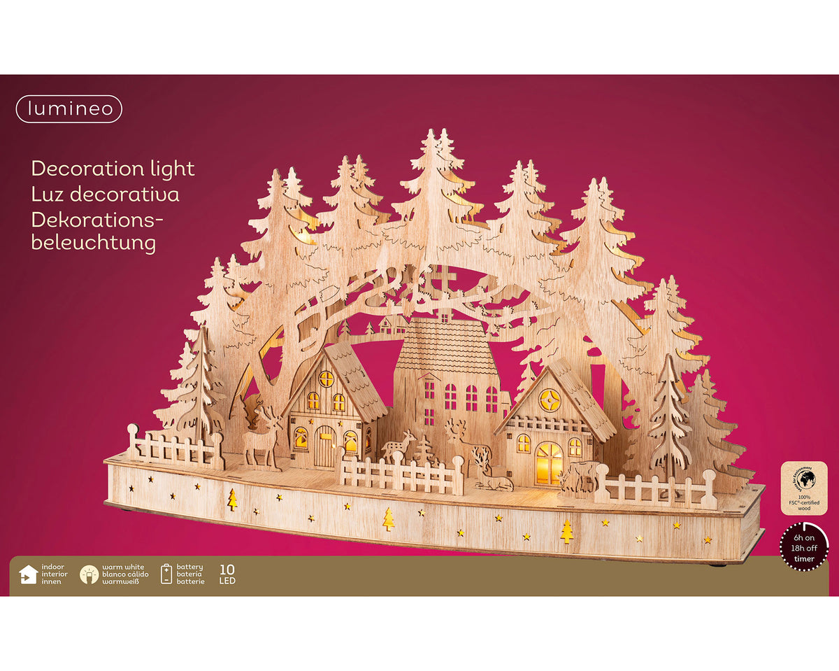 17" Wooden Village Scene with Tree Arch