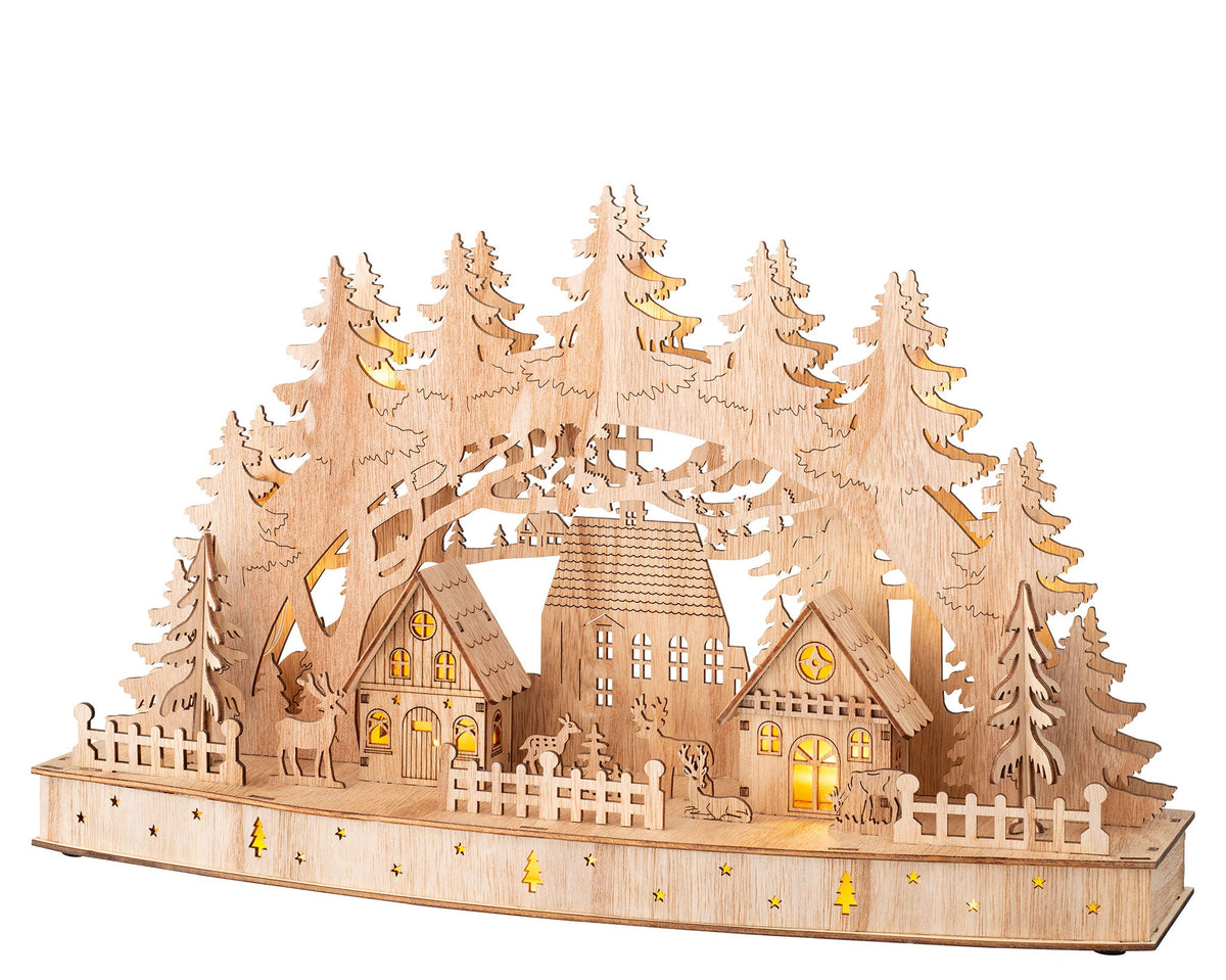 17" Wooden Village Scene with Tree Arch