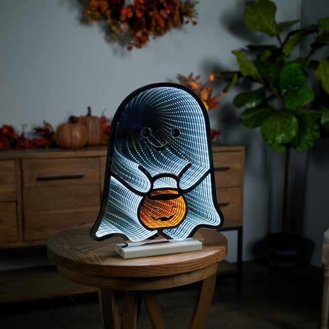 Ghost with Candy Bucket Infnity Light Halloween Sign