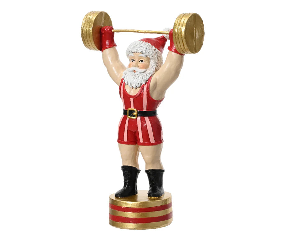 Santa Strongman W/Barbell Resin 8"