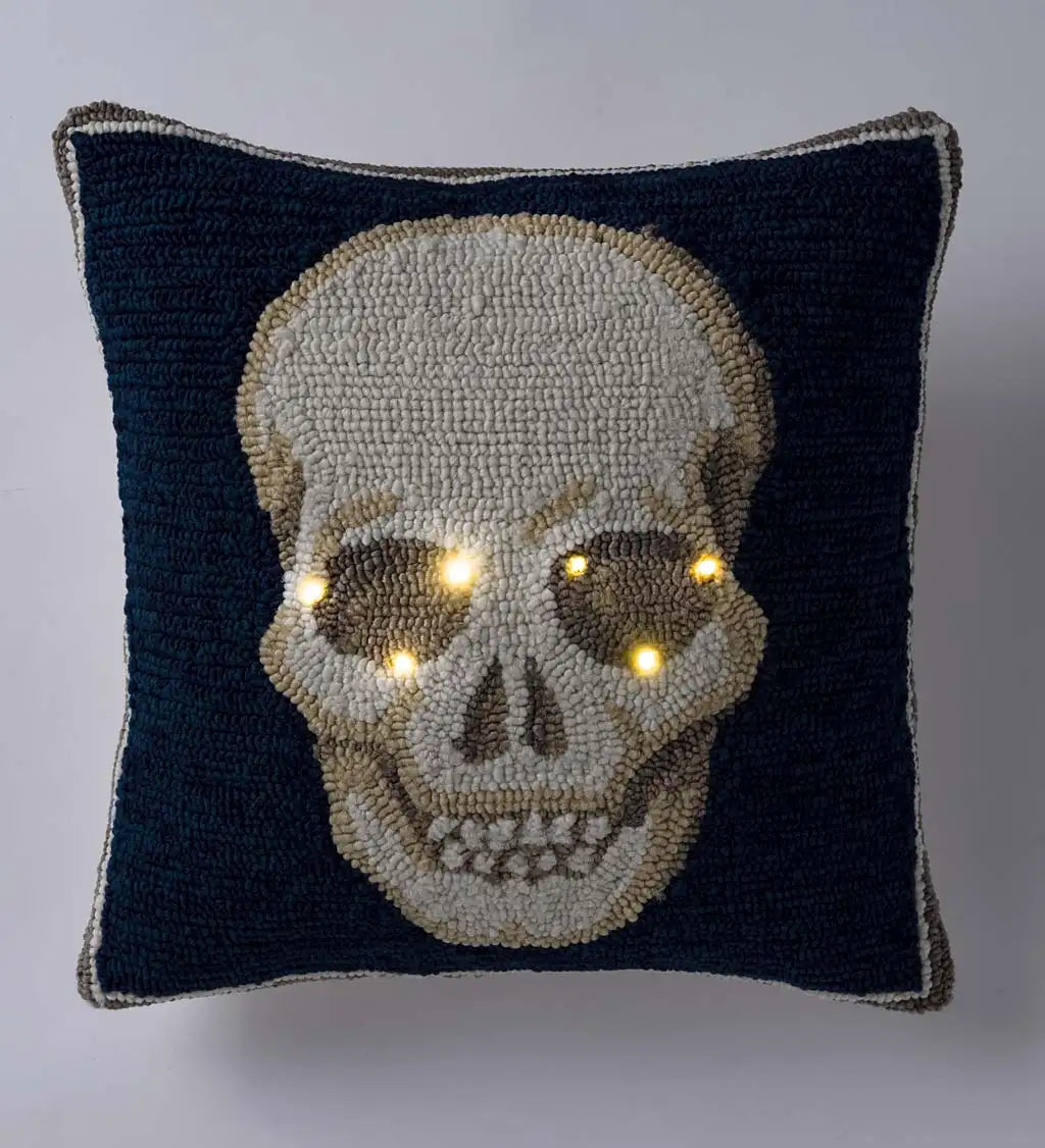 18" Navy Skull Hooked Pillow