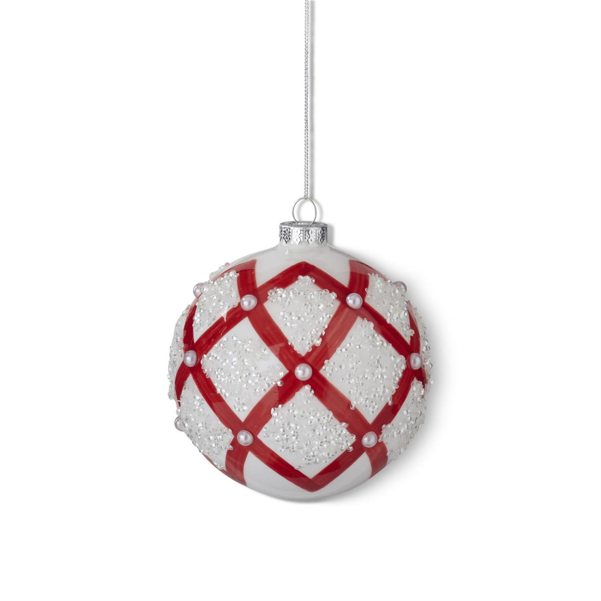 5" Red White Criss/Cross Sequin/Bead Glass Ball