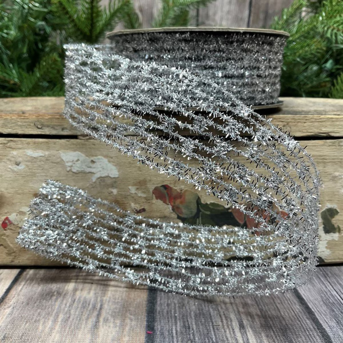 1.5"X10 Yard, Silver Tinsel Diamond Stretch Ribbon