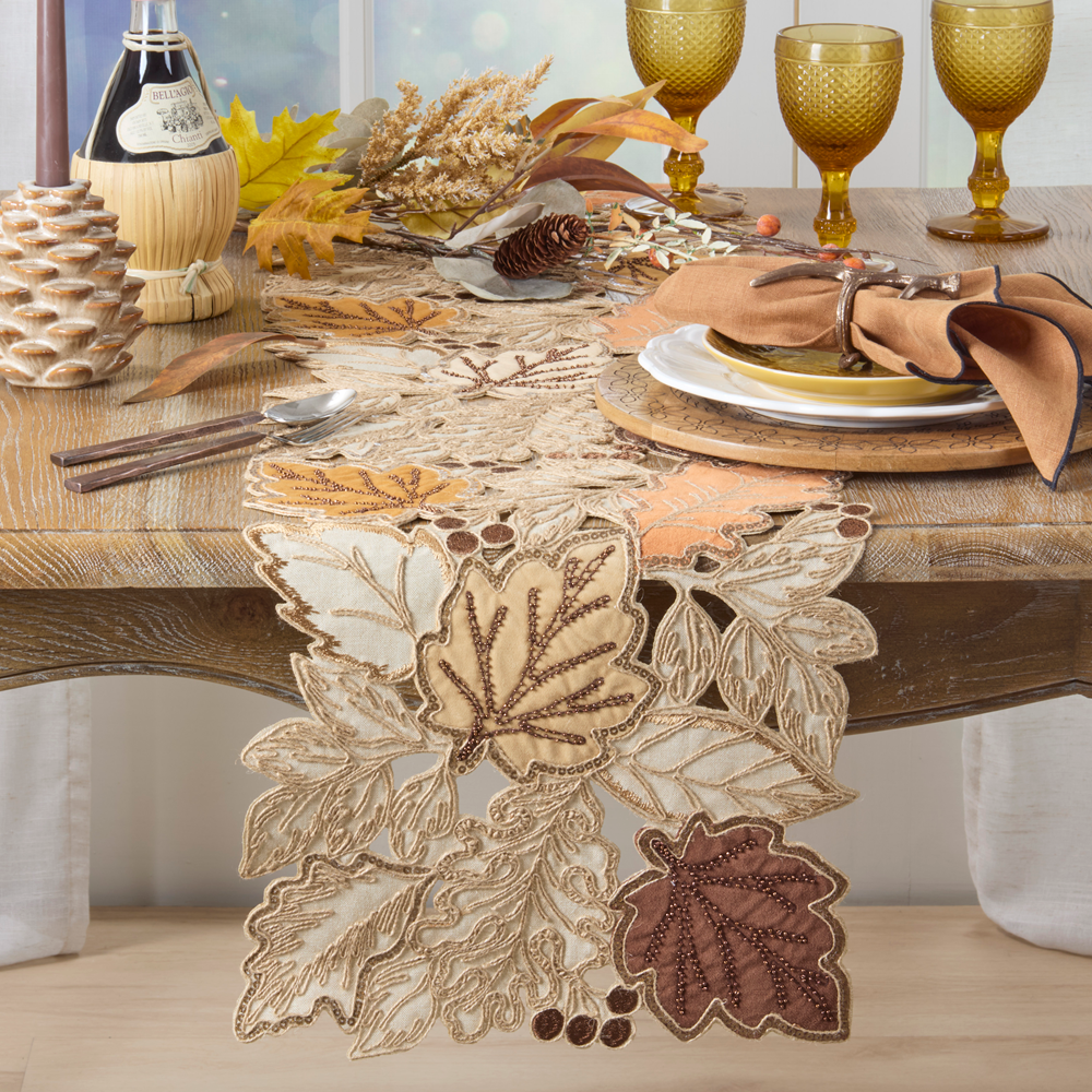 14"X72" Embroidered Leaves Runner