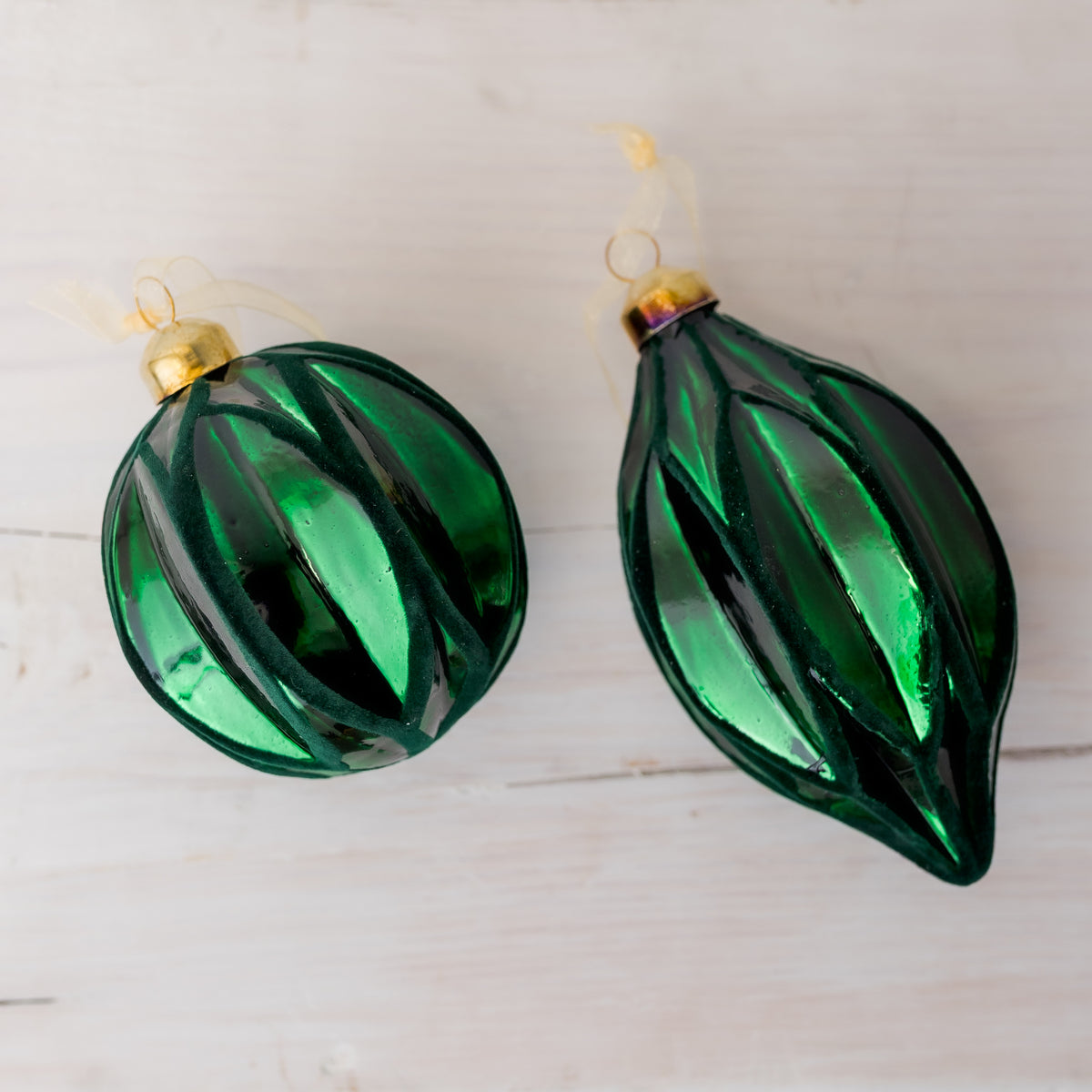 3.5" Green Glass Ornament with Velvet Accent Assorted