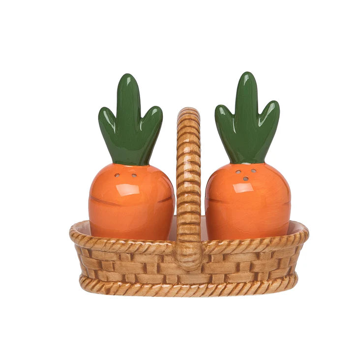 Salt/Pepper Carrot Shakers In Basket, Set of 3