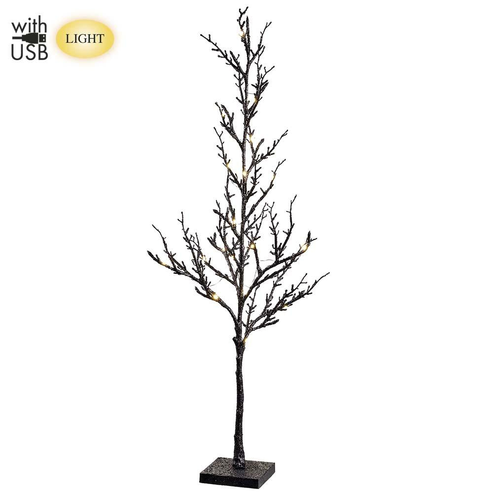 30" Glittered Twig Tree on Stand With USB, Light Black