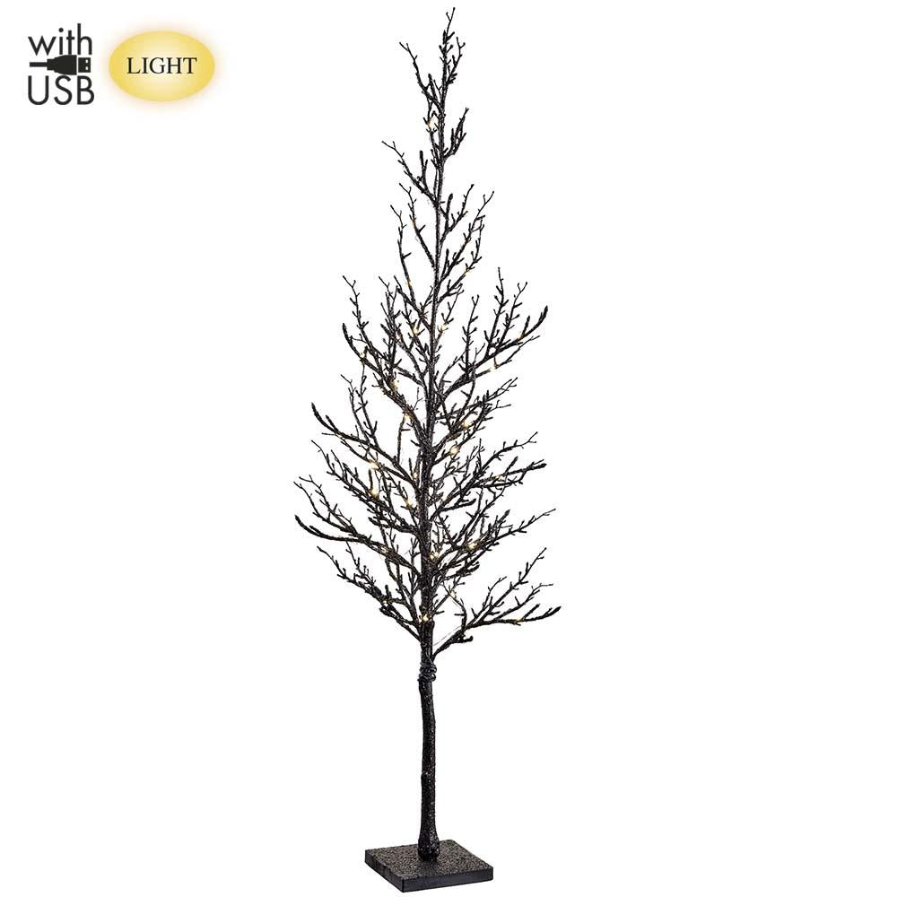 40" Glittered Twig Tree on Stand With USB Light Black