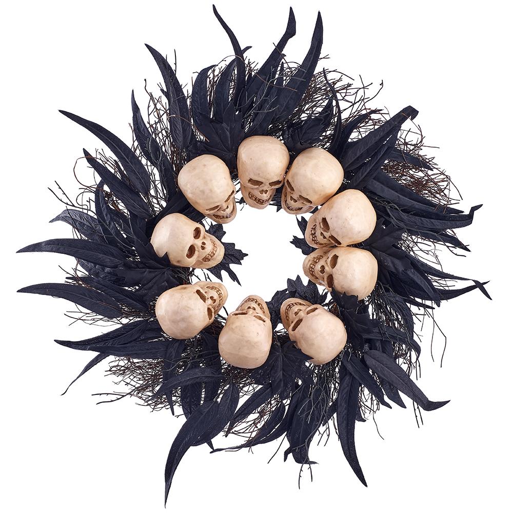 22" Black Beige Skull/Faux Feather Wreath