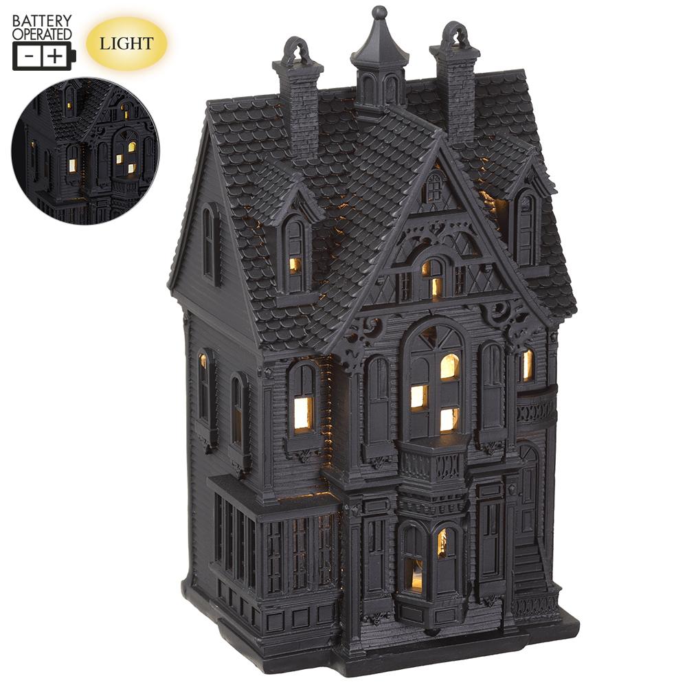 9" Prelit Black Halloween Haunted House