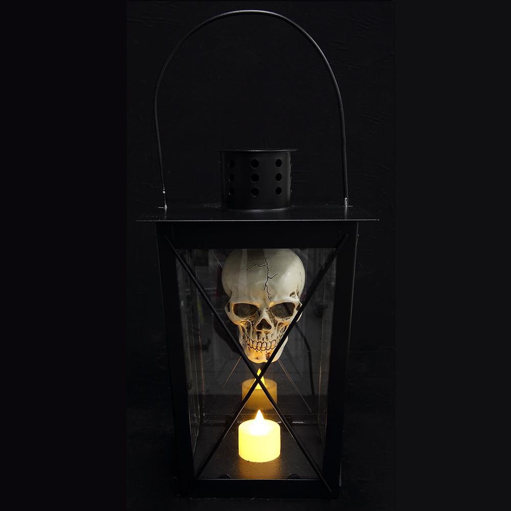 10" Black and Beige Prelit Skull Lantern