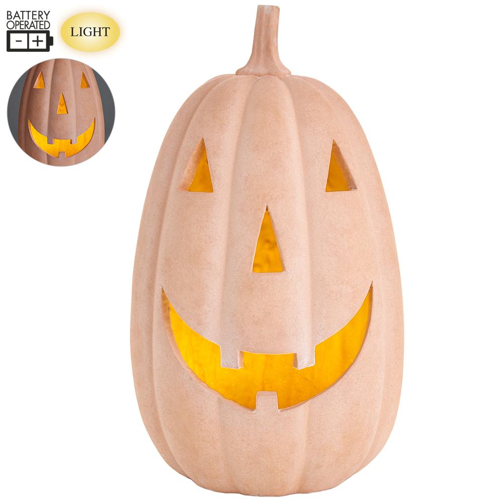 14" Faux Terracotta Prelit Jack O Lantern Pumpkin