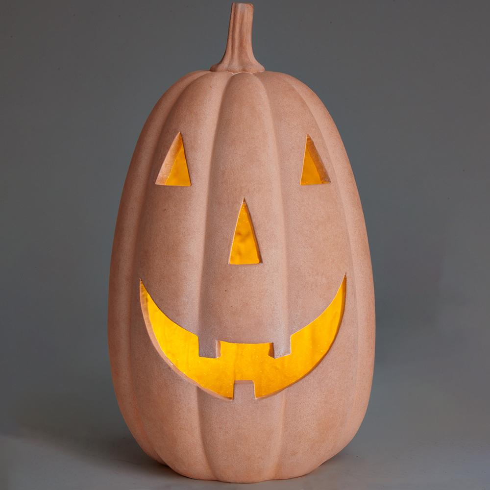 14" Faux Terracotta Prelit Jack O Lantern Pumpkin