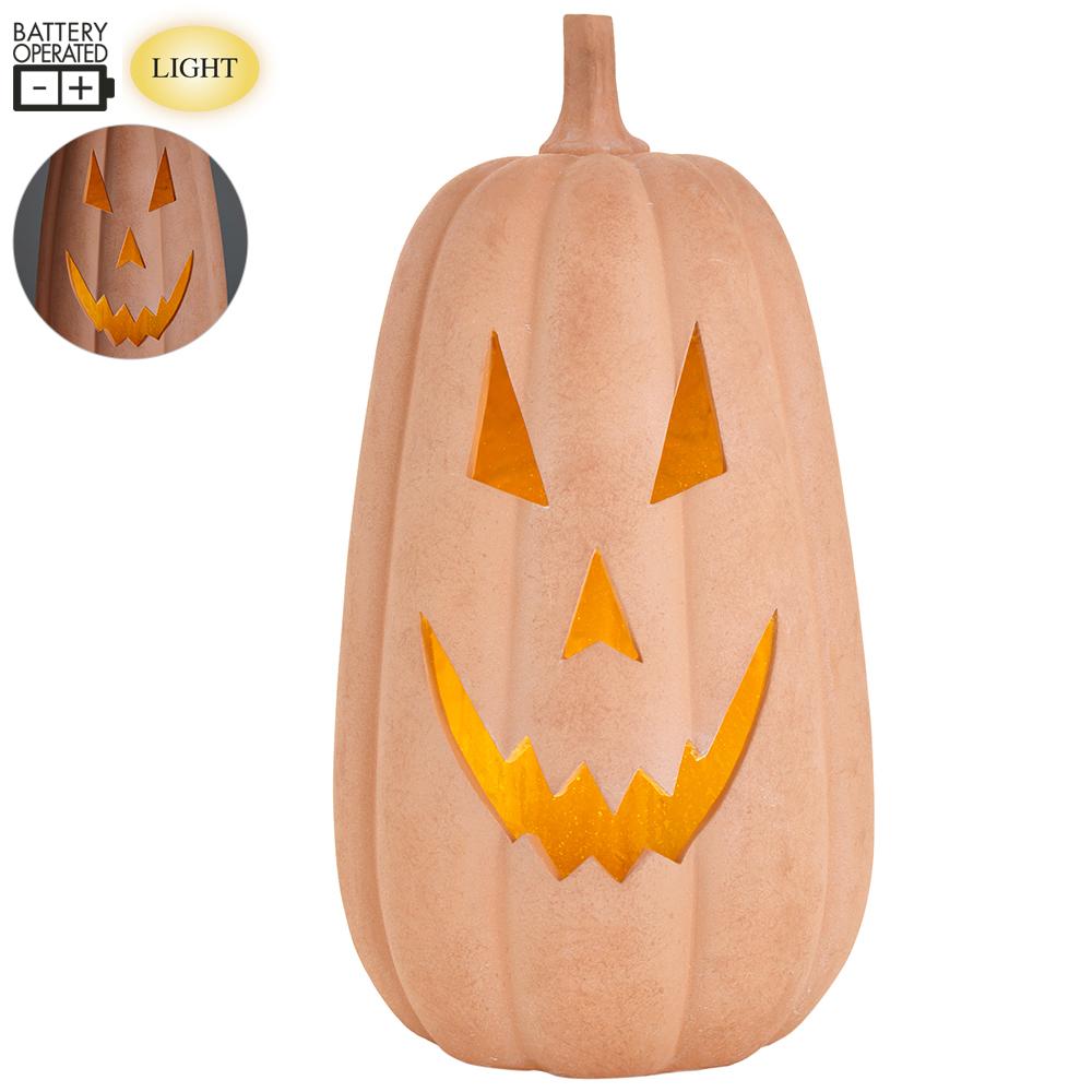 17" Faux Terracotta Prelit Jack O Lantern Pumpkin