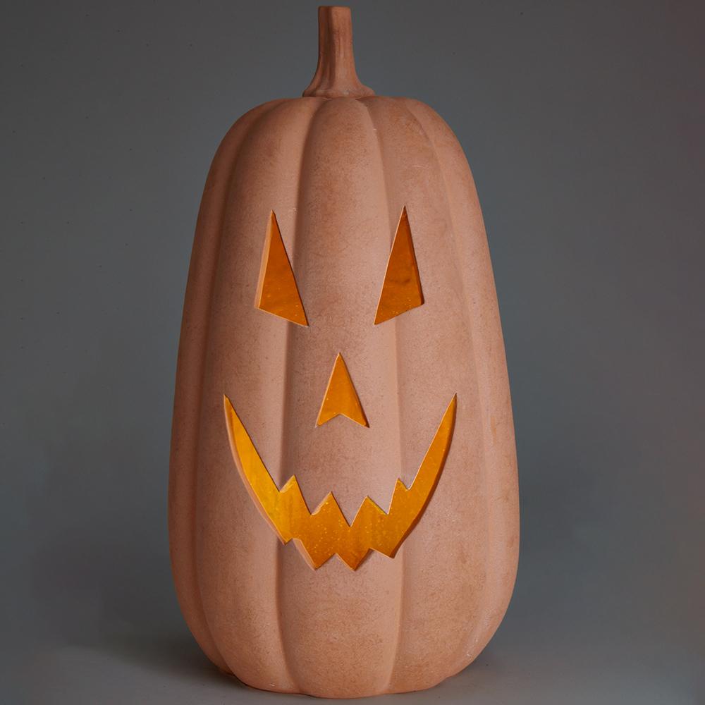 17" Faux Terracotta Prelit Jack O Lantern Pumpkin