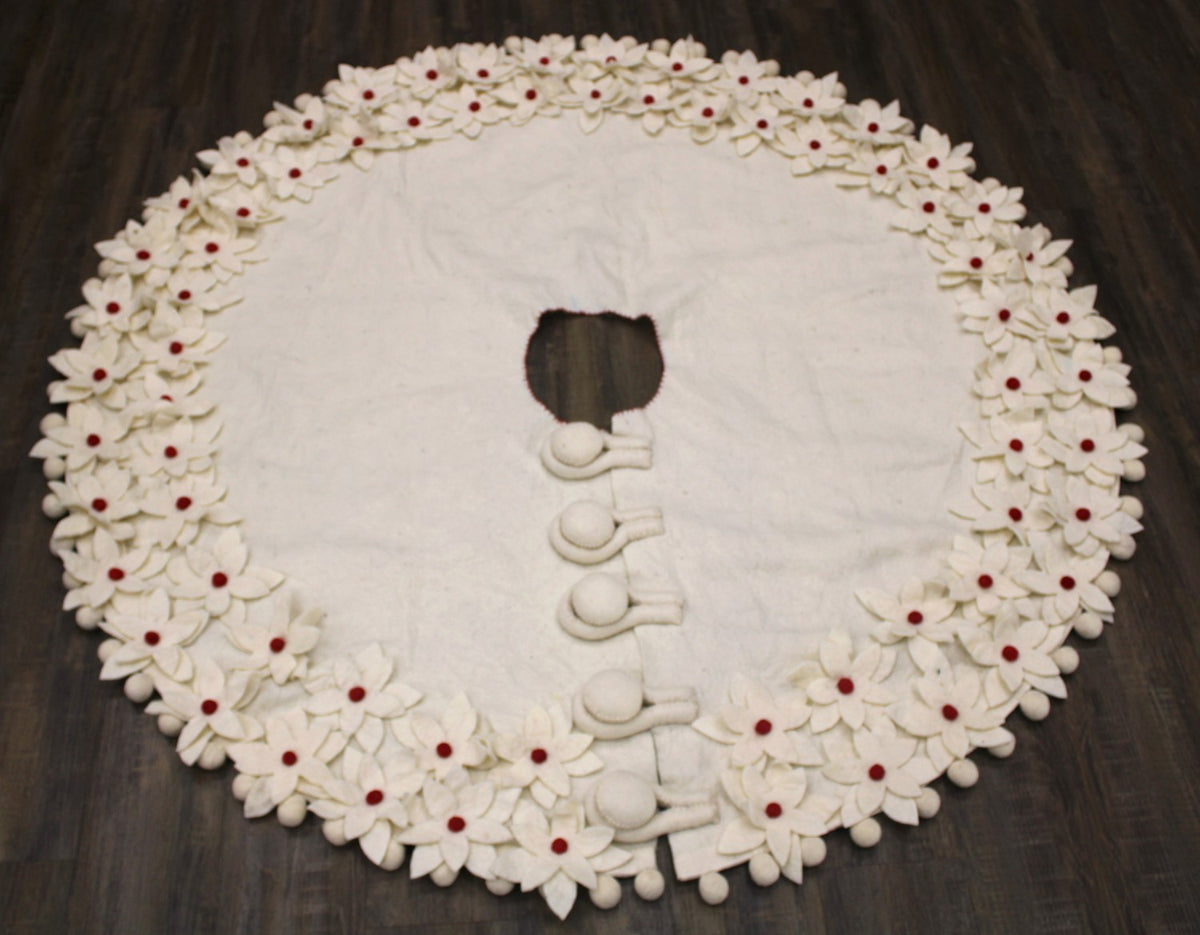 55" Handmade Wool Tree Skirt, Ivory with Poinsettias