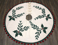 55" Handmade Wool Tree Skirt, Ivory with Holly